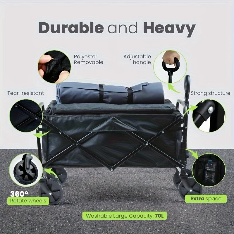 Capacity Heavy-Duty All-Terrain Folding Cart - Stainless Steel Frame and Foldable Multi-Purpose Wagon for Camping,