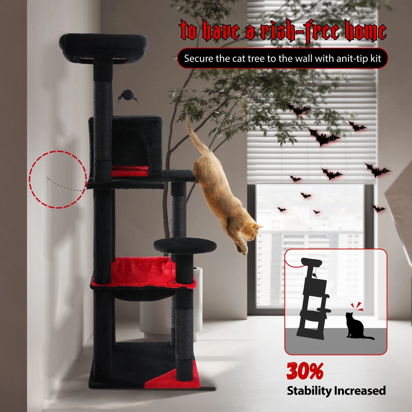 Your cat will think,"What a great place for entertaining as well as a good rest!"  Imagine your feline friend on this 56.3 inch cat tree with a super large hammock,Sisal covered scratching post and cozy top perch.