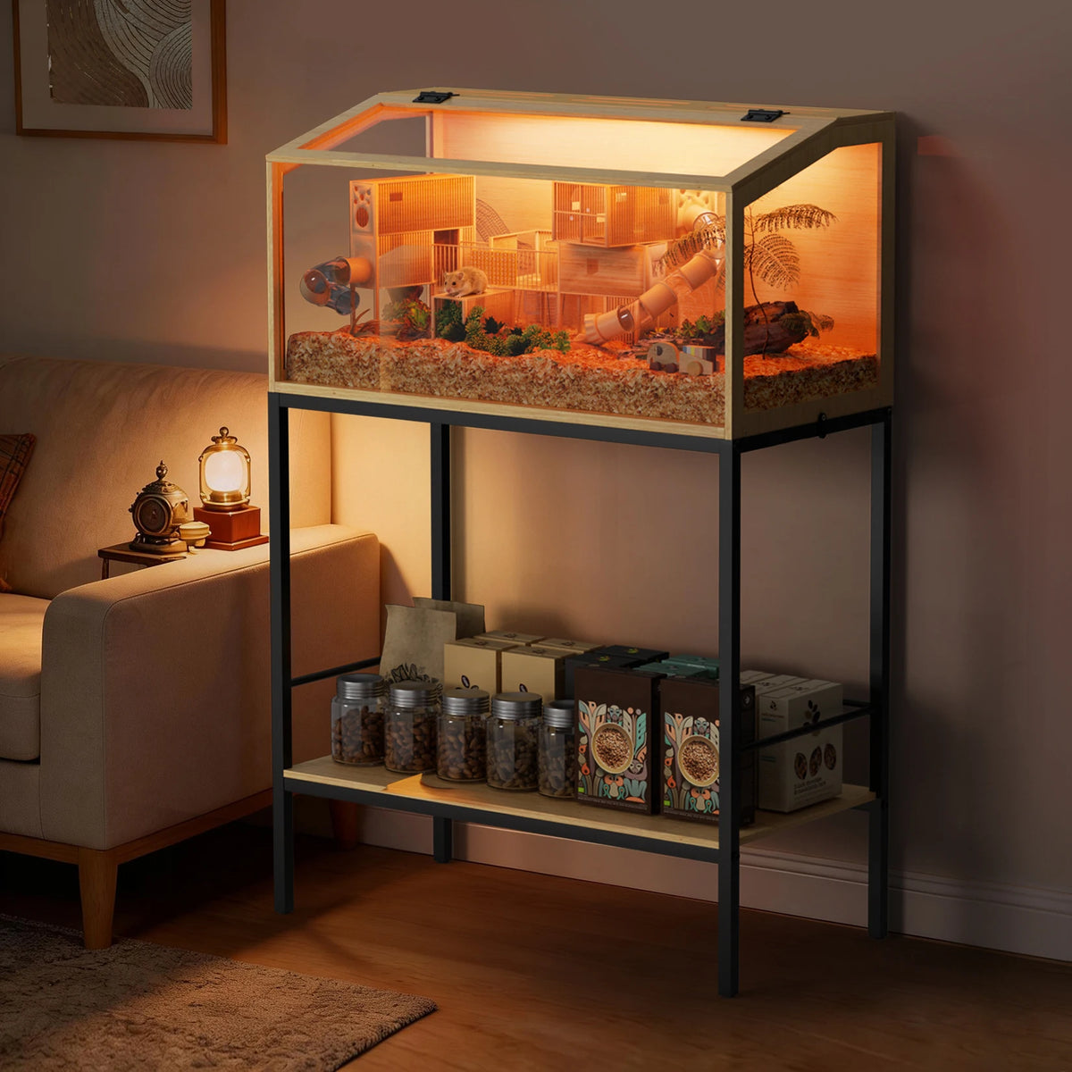 No problem for your mini pets to keep occupied in this playful hutch.  Clear Tempered glass and built-in LED light makes it easy to observe and enjoy.