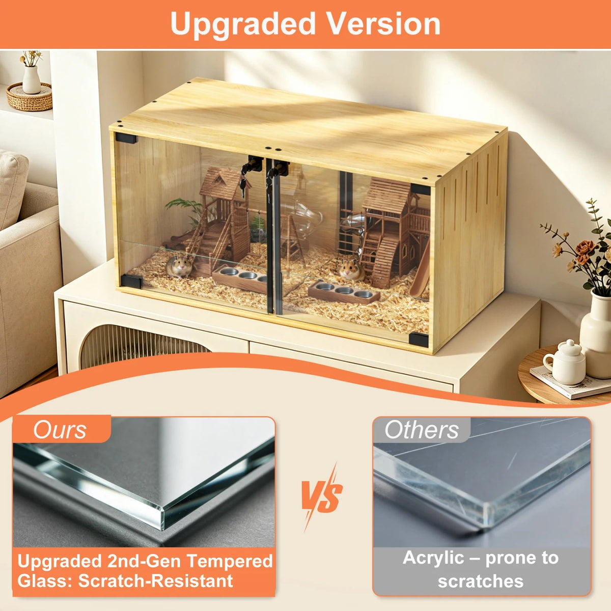 What a joy pets can provide!  Tempered glass makes this wooden chew-proof small animal habitat perfect for observing the daily life of  your choice of a variety of small pets that might  be comfortably housed.