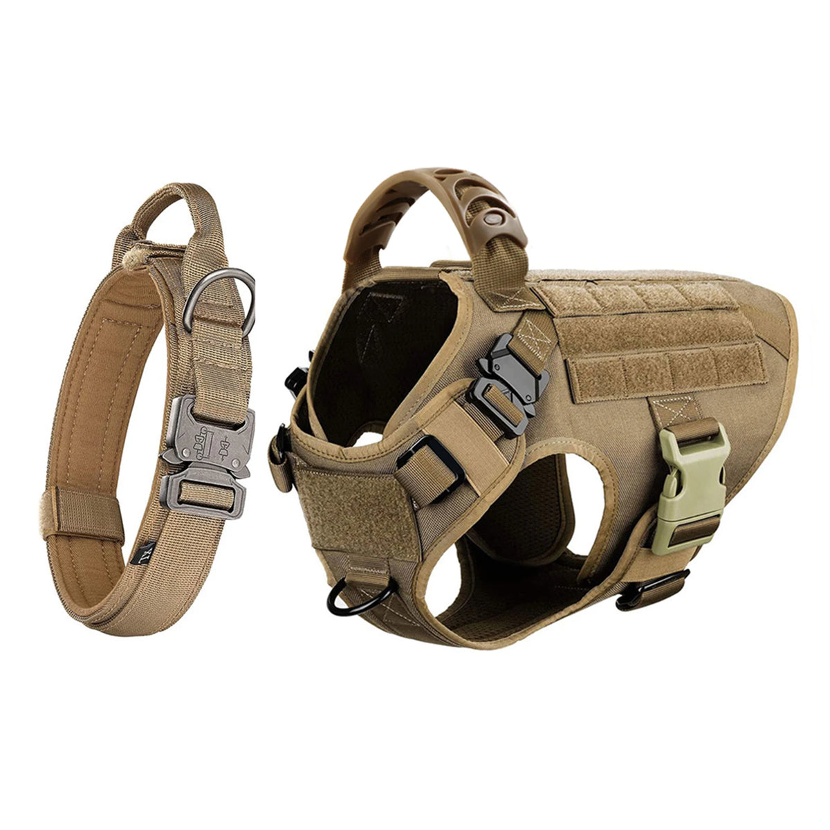 This combination dog harness collar set is adjustable for small, medium, and large dogs.  Designed for training and walking the tactical dog vest does the trick!  For outdoor use only it is made of durable nylon.