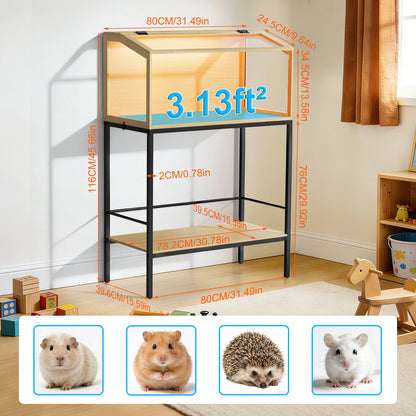 No problem for your mini pets to keep occupied in this playful hutch.  Clear Tempered glass and built-in LED light makes it easy to observe and enjoy.