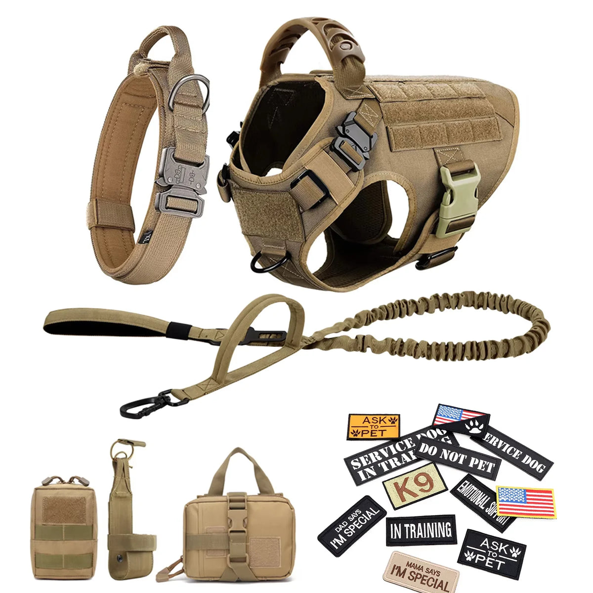 Military training outfit for large dogs includes harness, collar, leash, bags and patches.  Training vest and accessories all included.