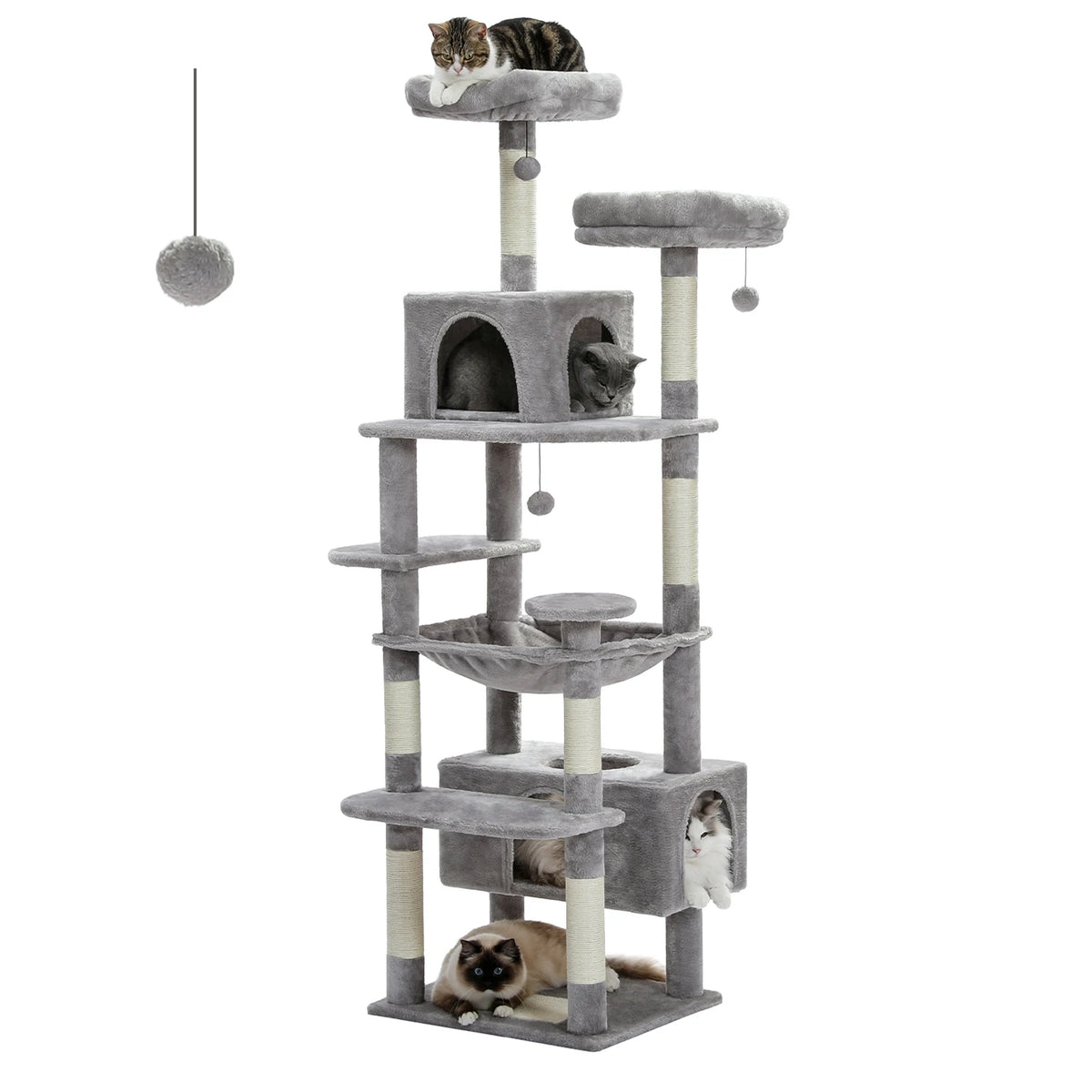 This cat tower is "the cat's meow" as granny's generation used to say,,,but, seriously, this will be your cat's favoriite hangout.  From the sisal covered scratching post, the spacious hammock, to the padded perches and condo