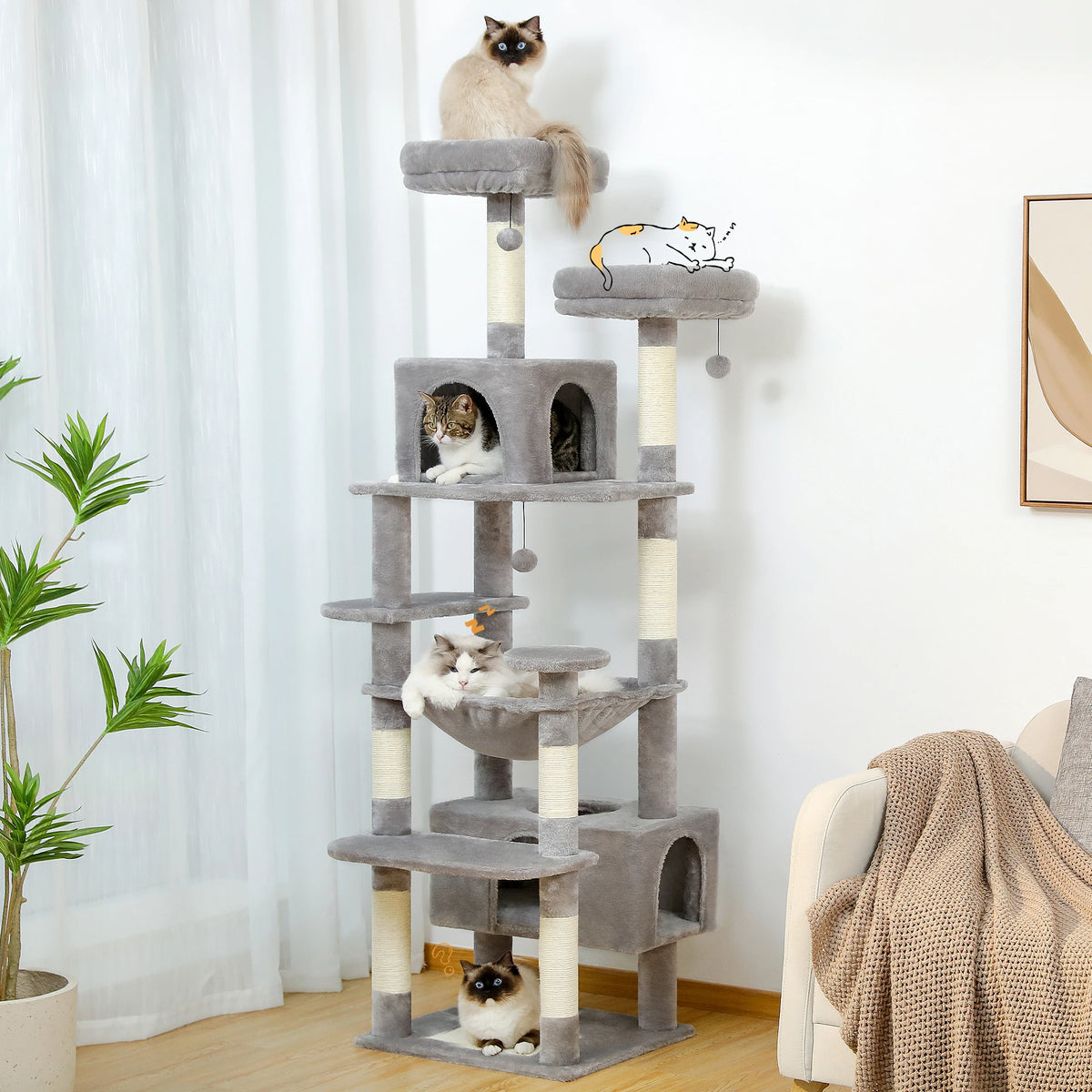This cat tower is "the cat's meow" as granny's generation used to say,,,but, seriously, this will be your cat's favoriite hangout.  From the sisal covered scratching post, the spacious hammock, to the padded perches and condo