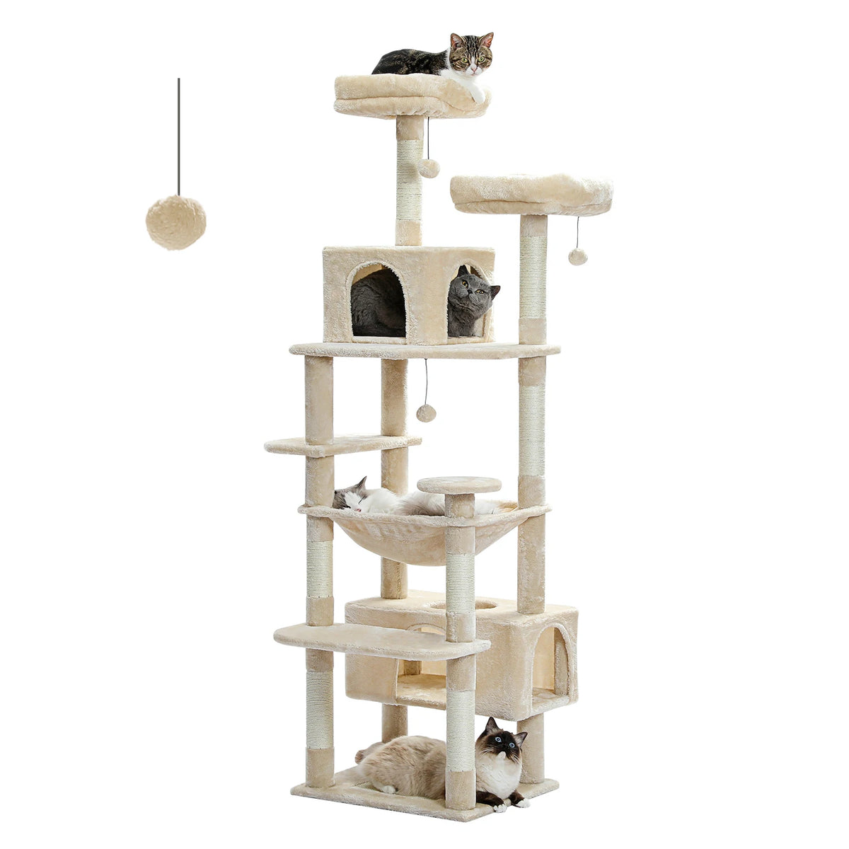 This cat tower is "the cat's meow" as granny's generation used to say,,,but, seriously, this will be your cat's favoriite hangout.  From the sisal covered scratching post, the spacious hammock, to the padded perches and condo