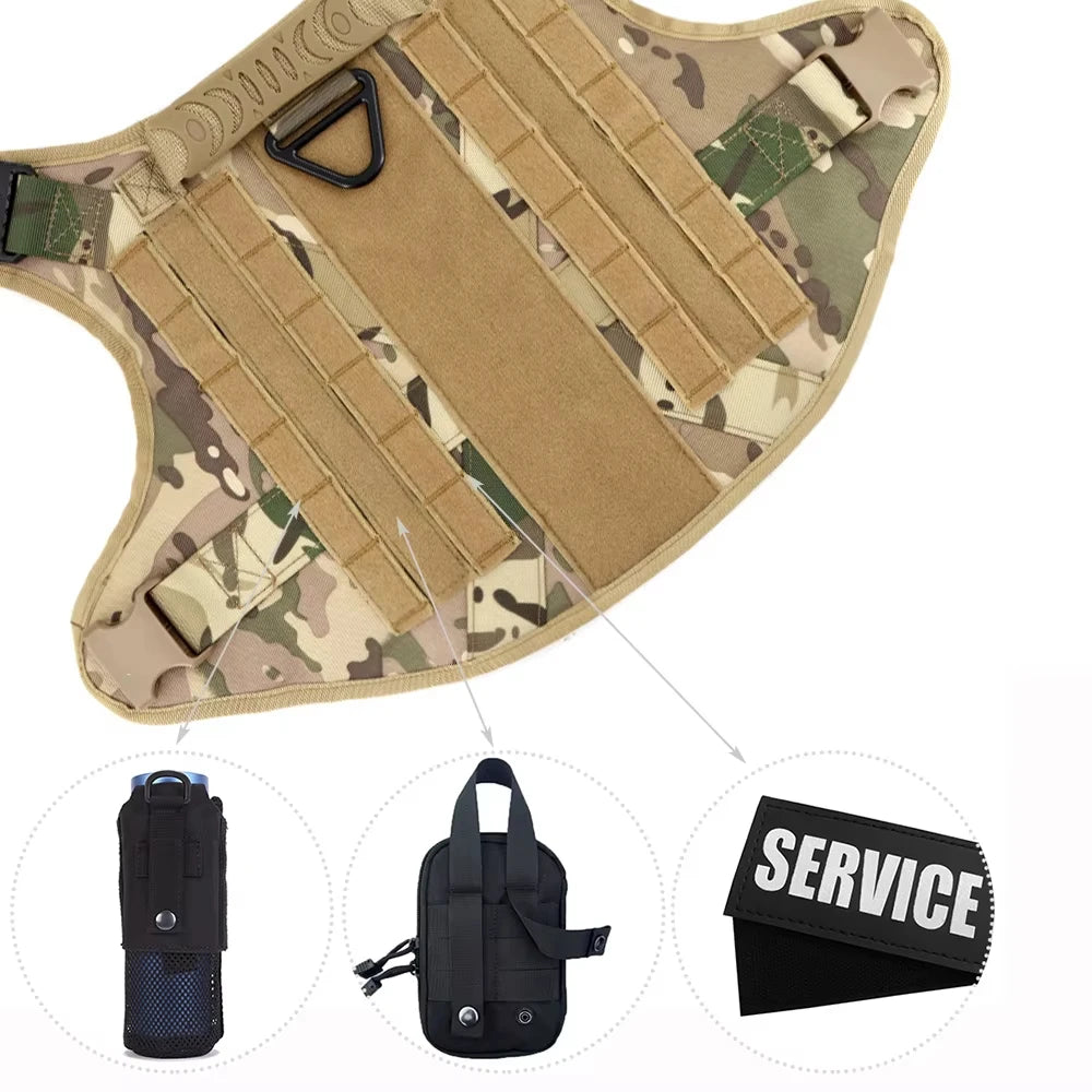 Military training outfit for large dogs includes harness, collar, leash, bags and patches.  Training vest and accessories all included.