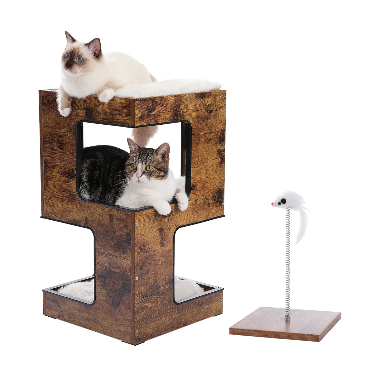 No self-respecting cat would be without a soft cat bed and this wooden condo style fills the bill as it doubles as a lamp stand for the human of the house.  What a bargain...2 for 1.