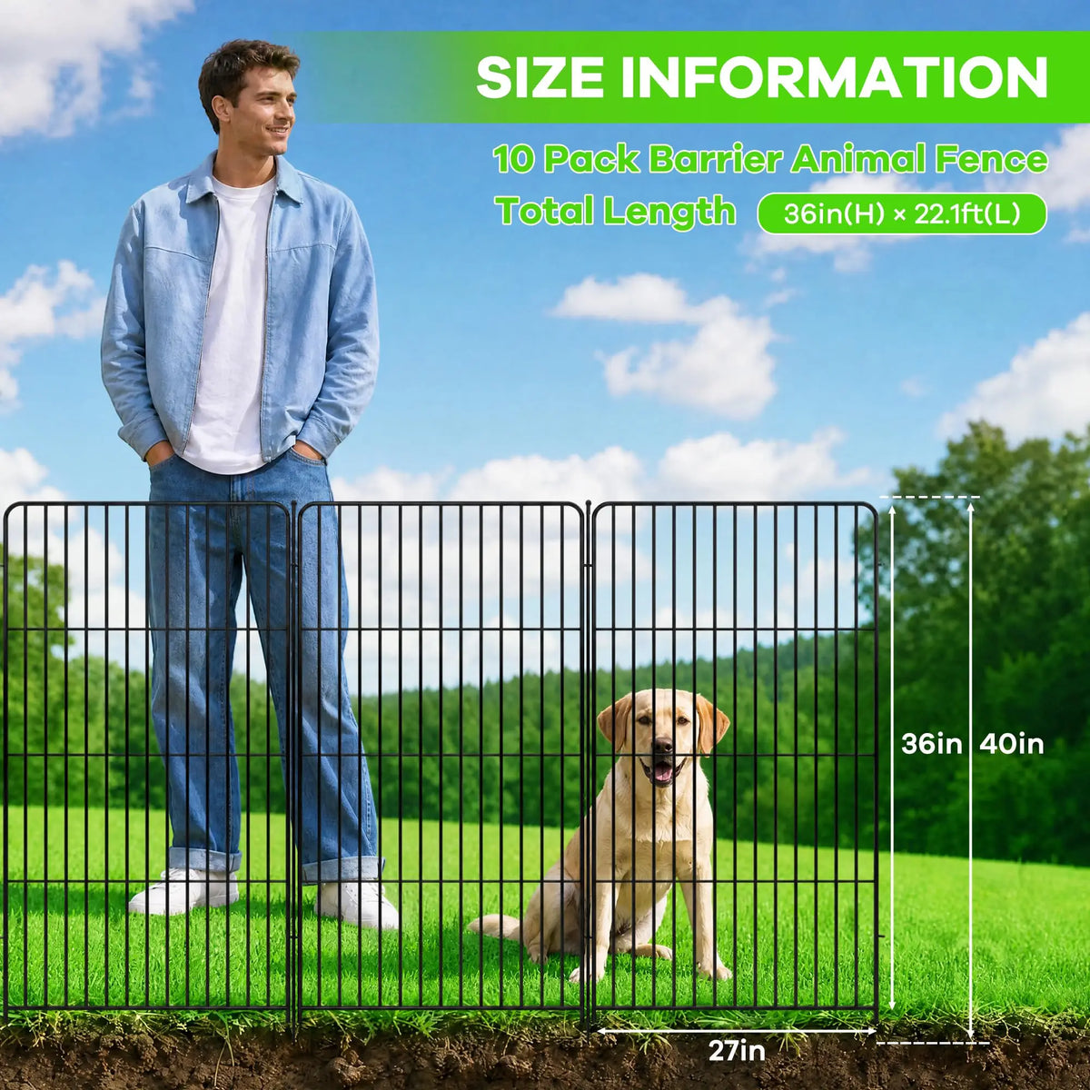 Keep your dog safe!  Need a fence to keep your pet in the yard but can't or don't dig post holes?  Then this is the item for you!  A metal no dig fence for the yard that is 48 inches in height and 17.7 feet in length.