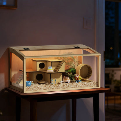 No problem for your mini pets to keep occupied in this playful hutch.  Clear Tempered glass and built-in LED light makes it easy to observe and enjoy.