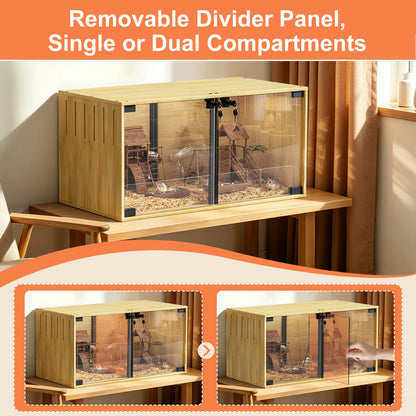 Your tiny buddies will certainly appreciate you if you choose this chew-proof wooden habitat for them.  The locking dual doors make it easier to interact let alone clean their area.  Another plus is the removable divider that