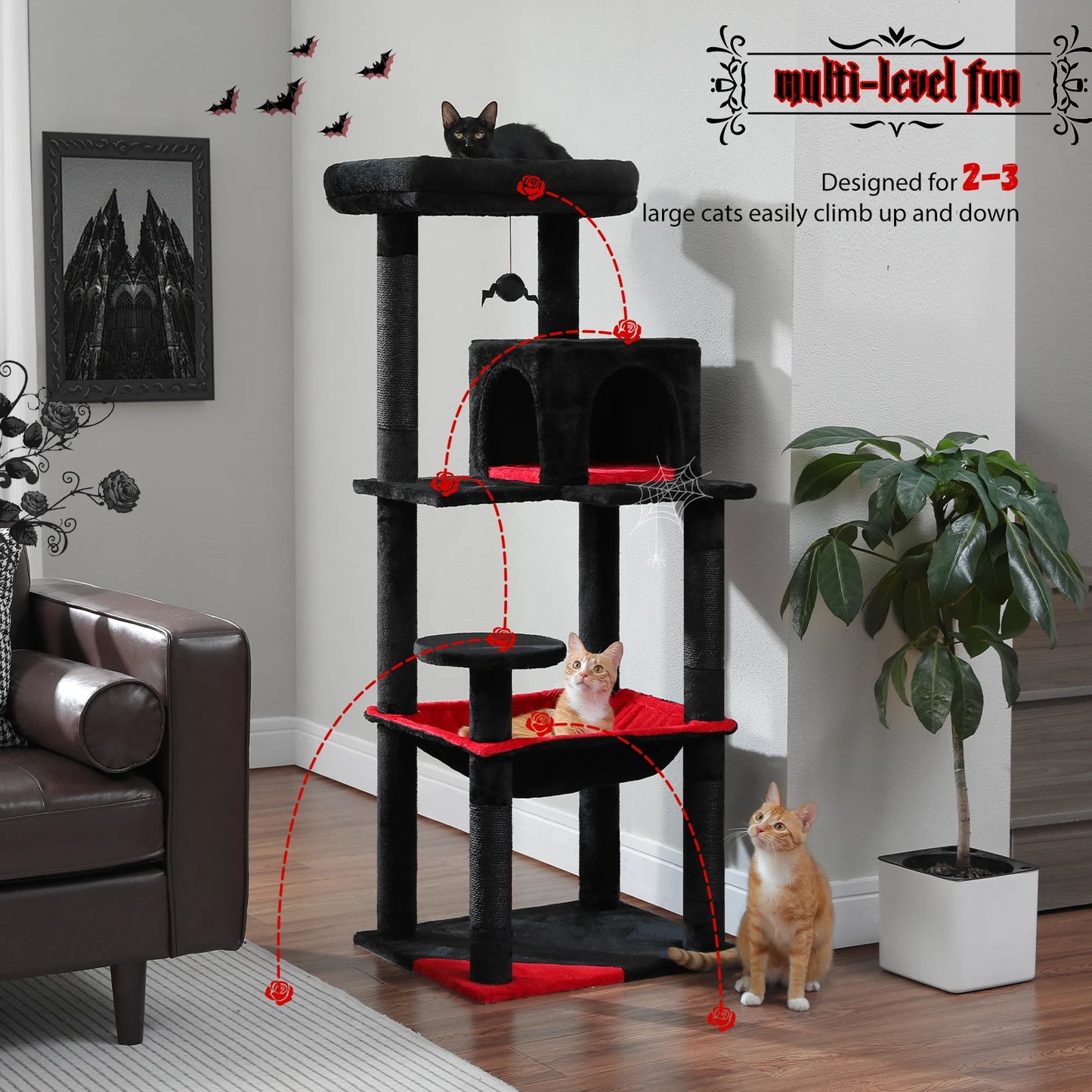 Your cat will think,"What a great place for entertaining as well as a good rest!"  Imagine your feline friend on this 56.3 inch cat tree with a super large hammock,Sisal covered scratching post and cozy top perch.