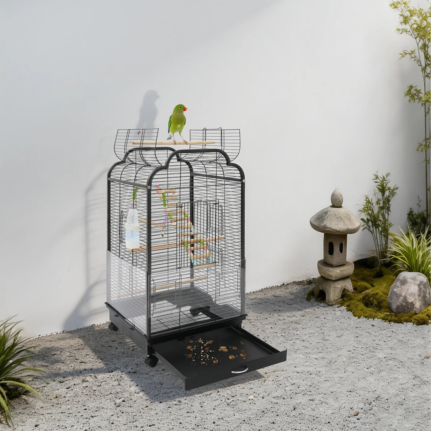 Bird Cage, Large Iron Birdcage with with Dual-Opening Roof & Pull-Out Tray for Cockatiels Budgies Monk Parakeets